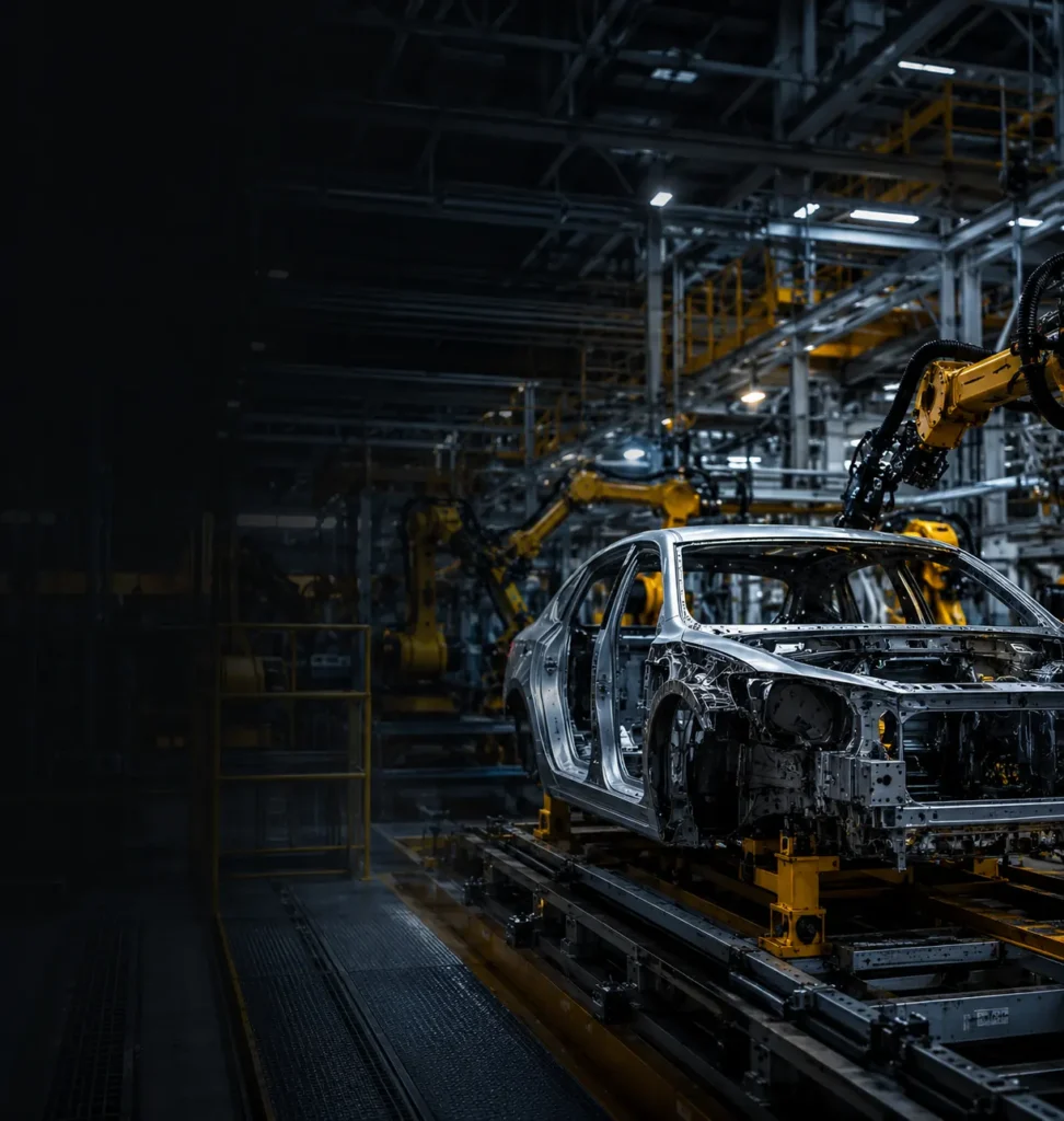 Automatisierte Produktionslinie mit Roboterarmen in der Automotive-Branche