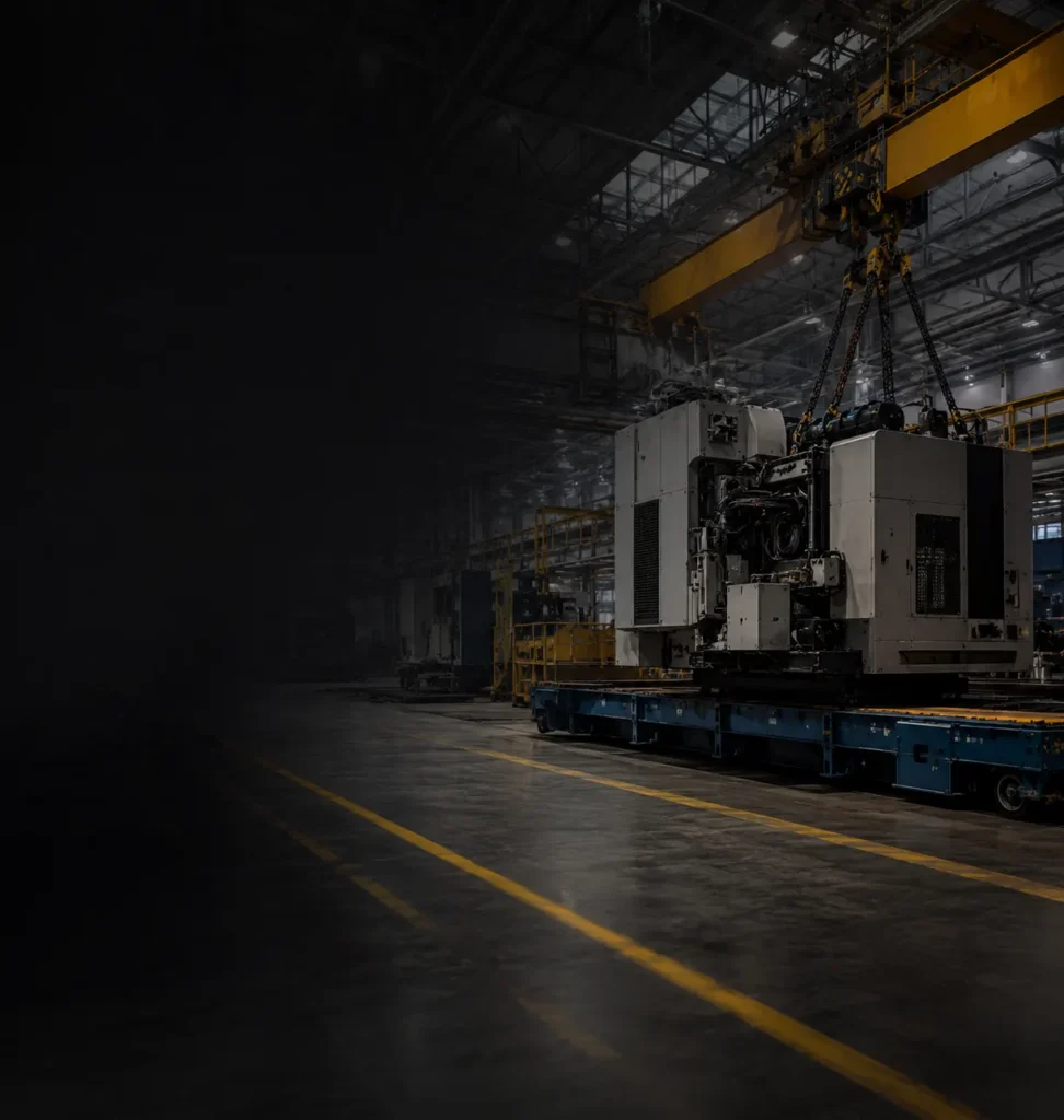 Transport ciężkiej maszyny przemysłowej za pomocą suwnicy w hali produkcyjnej
